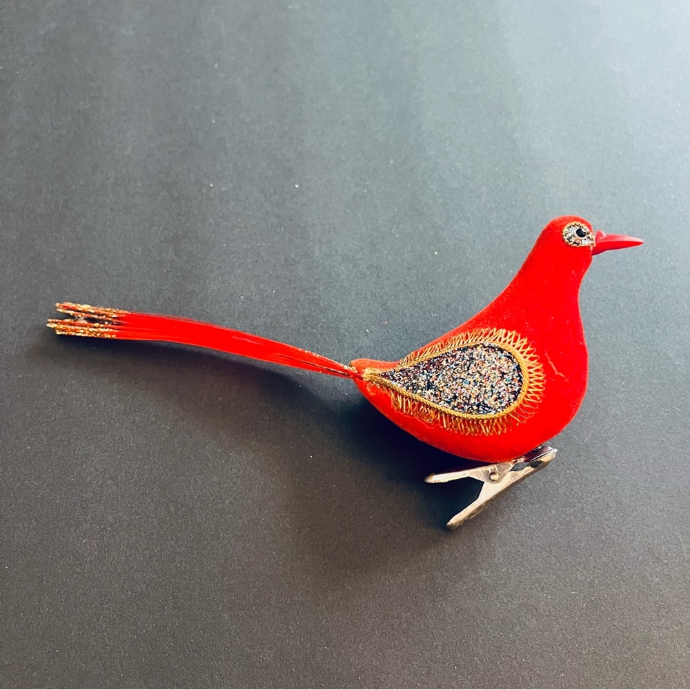 Vintage Red Flocked Clip On Glitter Bird Christmas Ornament MCM 70s Japan 7"